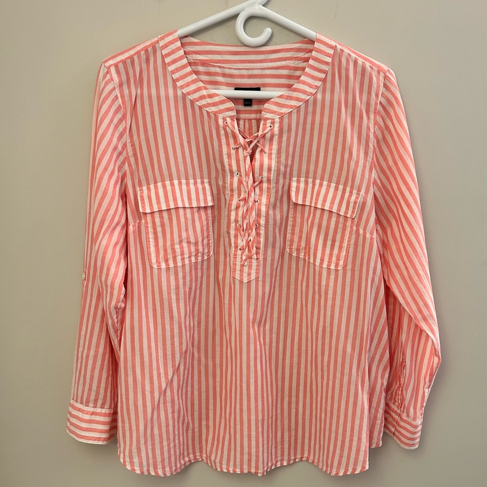 Striped Talbots Petite Lace-front Cotton Blouse